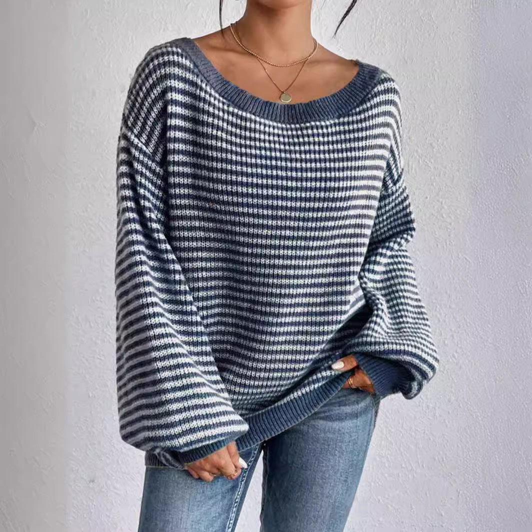 Off-Shoulder Striped Knit Sweater