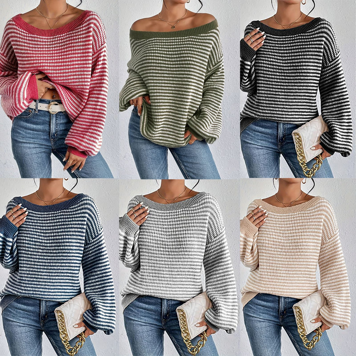 Off-Shoulder Striped Knit Sweater