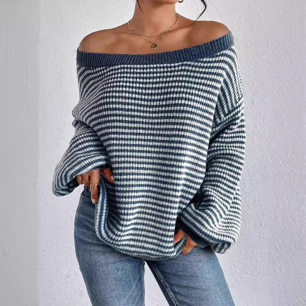 Off-Shoulder Striped Knit Sweater