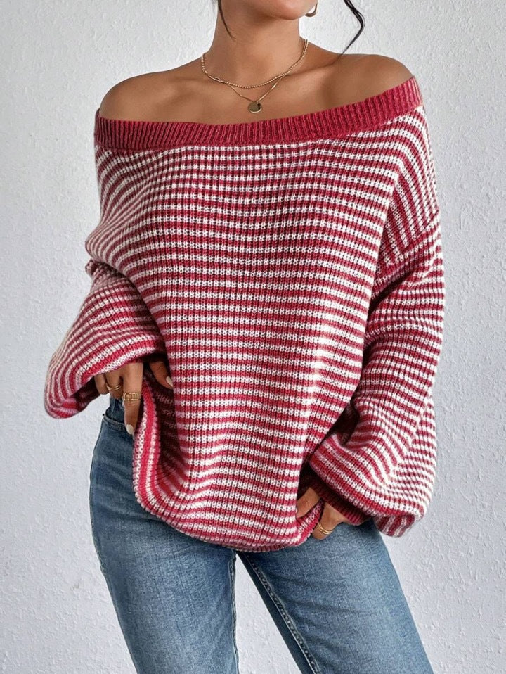 Off-Shoulder Striped Knit Sweater